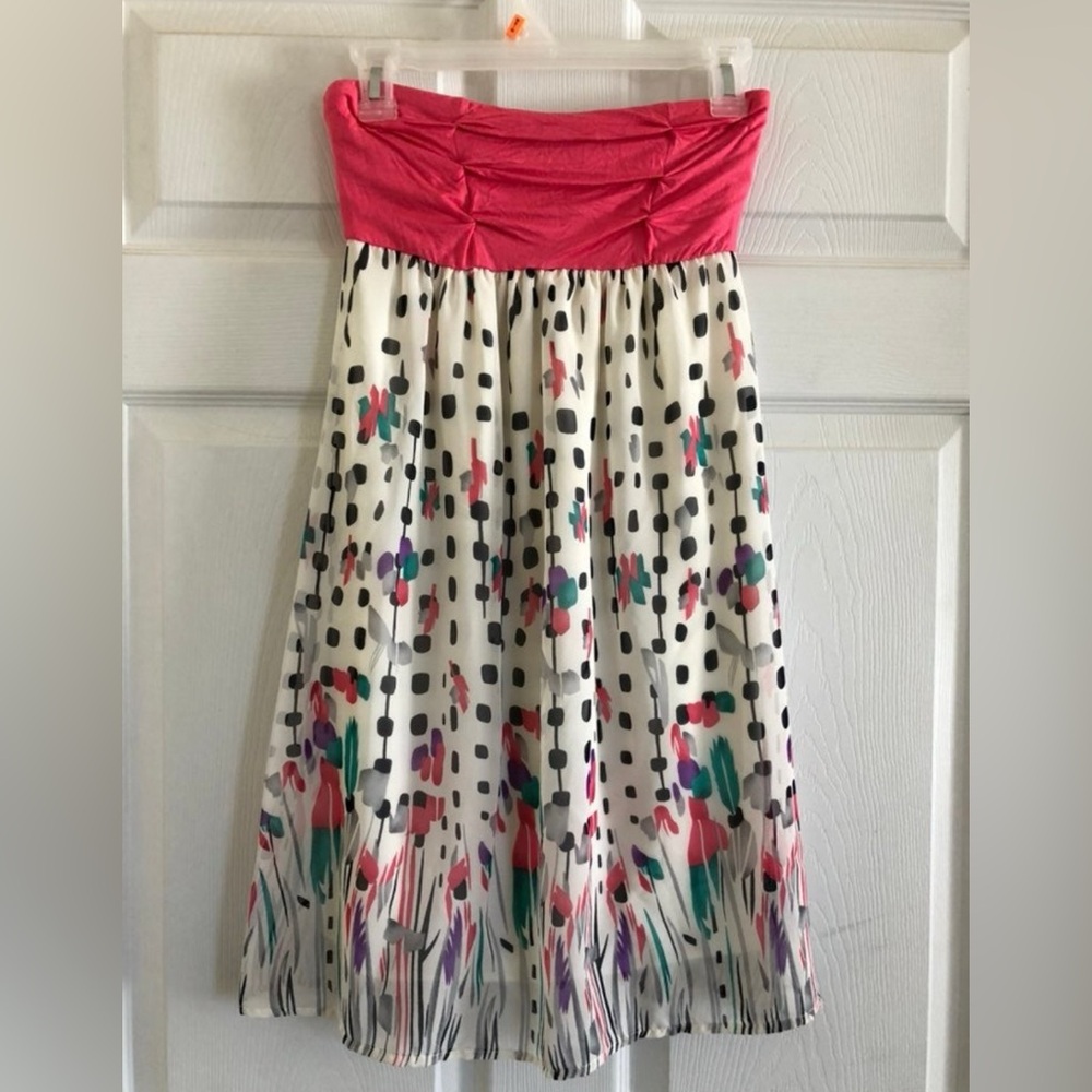 Lush Pink Multicolor Abstract Floral Print Strapless Dress